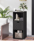 Outdoor PE Rattan Storage Cabinet With Shelves And Drawer All Weather Wicker Storage Shed Organizer Black on patio