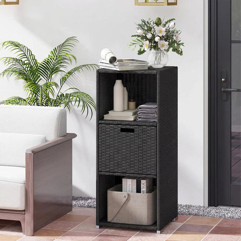 Outdoor PE Rattan Storage Cabinet With Shelves And Drawer All Weather Wicker Storage Shed Organizer Black on patio