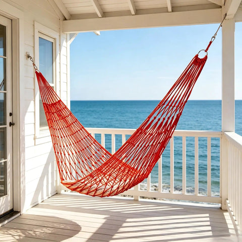 Thickened Nylon Hammock With Breathable Mesh, Heavy-Duty Portable Outdoor Hanging Bed for Garden or Camping, red hammock by sea view