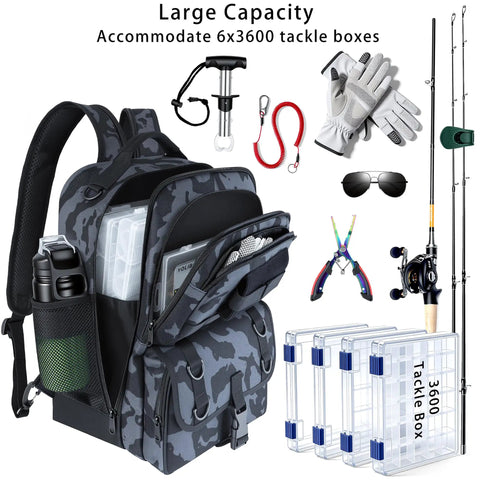 All In One Fishing Backpack Kit With Built In Tackle Boxes Rod Holder And Lure Storage Waterproof Sling Tackle Bag Loaded With Dope Gear Ready To Go For Men And Women Camouflage Black open showing compartments, gear, and included accessories