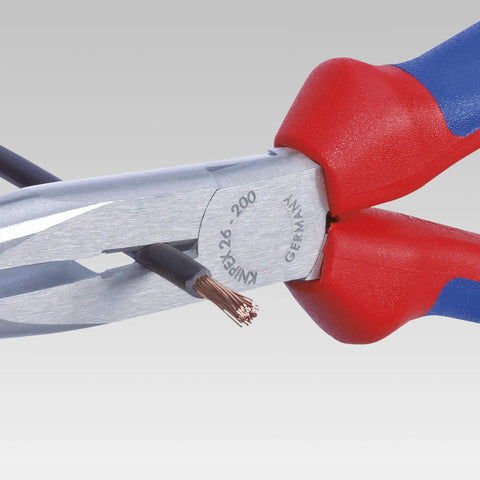 Close-up of diagonal cutters from 4 Piece Basic Pliers Set In Foam Tray Featuring Combination Pliers Long Nose Pliers Diagonal Cutters And Cobra Water Pump Pliers For Quick Repairs Heavy Duty Grip And Everyday DIY Projects, cutting a wire.