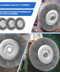 Six Pack Six Inch Carbon Steel Wire Wheel Brushes For Bench Grinders close-up view showing detailed bristles and center arbor fitting.