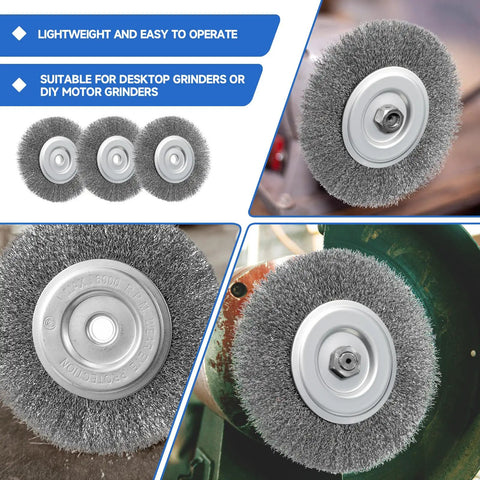 Six Pack Six Inch Carbon Steel Wire Wheel Brushes For Bench Grinders close-up view showing detailed bristles and center arbor fitting.