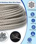 Close-up of coiled 304 stainless steel wire rope with 7x19 strands from Beefy Heavy Duty 50 Foot Stainless Steel Wire Rope Kit With Quarter Inch Cable M8 Turnbuckles Clamps Thimbles Screws And Sleeves For Yard Zipline And Boat Lift