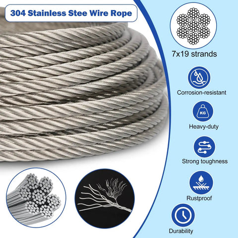 Close-up of coiled 304 stainless steel wire rope with 7x19 strands from Beefy Heavy Duty 50 Foot Stainless Steel Wire Rope Kit With Quarter Inch Cable M8 Turnbuckles Clamps Thimbles Screws And Sleeves For Yard Zipline And Boat Lift