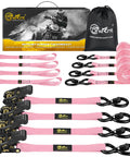 4 Pack Ratchet Tie Down Straps Kit 1 Inch By 16 Feet With 2400 Lb Break Strength Pink Includes Soft Loop Tie Downs And Safety S Hooks