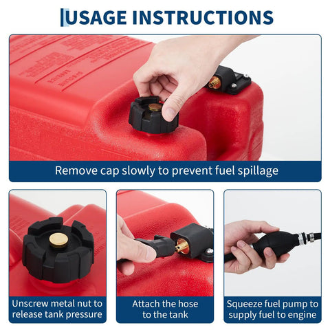 3 Gallon Marine Transfer Tank With Hose For Boats, I Shape Handle, 12 Liter Capacity, Level Indicator, Integrated Filter, Easy Pour instructions