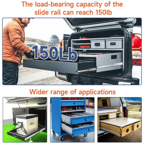 Beefy Heavy Duty Drawer Slides With Lock For 22 Inch Drawers, Full Extension Side Mount Rails, 150 Lb Load Capacity demo in truck