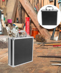 Premium Aluminum Tool Box Featuring Heavy Duty Build And Secure Snap Lock Cover For Van Life Adventures Job Site Projects Weekend Warrior Gear Compact Alloy Storage Case in a workshop.
