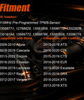 Fitment chart for 315Mhz Pre-Programmed TPMS Tire Pressure Monitoring Sensors for Cadillac and Buick.