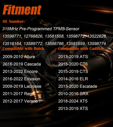 Fitment chart for 315Mhz Pre-Programmed TPMS Tire Pressure Monitoring Sensors for Cadillac and Buick.