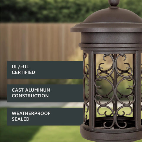 Ellington Outdoor Post Lantern Light In Oil Rubbed Bronze, 23 Inch Mediterranean Cast Aluminum Housing with intricate scroll details.