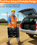 Heavy Duty Wire Dispenser Rack And Workstation For 34 Inch Reels, 400 Lb Pro Grade Steel Spool Holder, carried by a person