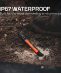 PL500 Penlight 500 Lumens lying in muddy water, showcasing IP67 waterproof feature, with foot partially visible, suitable for camping and EDC.