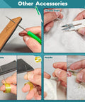 All In One Sewing Tool Kit With Automatic Needle Threaders And No Fuss Threaders For Quick Repairs Includes 33 Pcs Of Thread Snips Seam Rippers Drawstring Threaders Thimbles Needles And More From Lechchy showing awl, thread snips, thimble, and needle in use