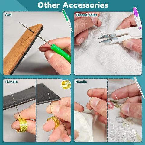All In One Sewing Tool Kit With Automatic Needle Threaders And No Fuss Threaders For Quick Repairs Includes 33 Pcs Of Thread Snips Seam Rippers Drawstring Threaders Thimbles Needles And More From Lechchy showing awl, thread snips, thimble, and needle in use