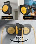 Retractable 40 Foot Extension Cord Reel With 10 AWG Heavy Duty SJTOW Cable, shown in ceiling and wall mount positions
