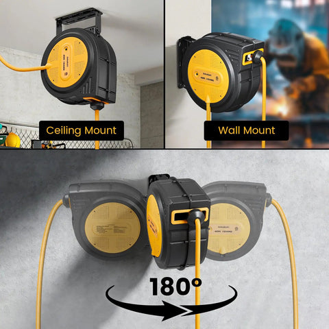 Retractable 40 Foot Extension Cord Reel With 10 AWG Heavy Duty SJTOW Cable, shown in ceiling and wall mount positions