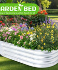 Outdoor Raised Garden Bed Kit, Galvanized Oval Metal Planter Box 120cm L X 60cm W X 30.5cm H with colorful flowers