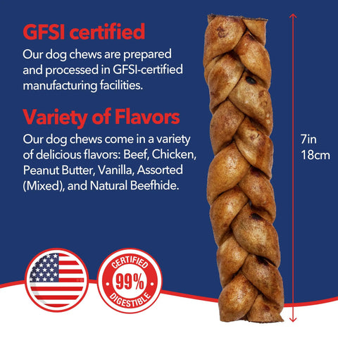 Braided Beefhide Dog Chews With Peanut Butter Flavor 7 Inch Long USA Made Rawhide Chews For Medium Dogs Durable Chews That Last Long For Dental Health Pack Of 6