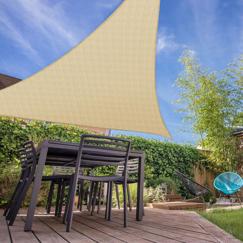 Sun Shade Sail Triangle Canopy For Patio And Backyard 22 Foot By 22 Foot By 22 Foot Equilateral Shade Cover UV Block Breathable 180GSM HDPE Fade Resistant Sand Color Outdoor Garden Shade Stay Cool Backyard Vibes over patio furniture