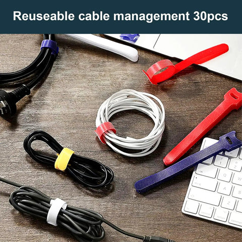 210 Piece Cable Management Kit with colorful cable ties organizing cords on a desk next to a keyboard