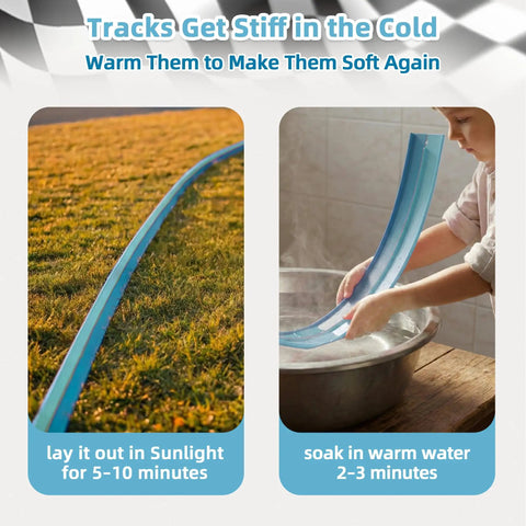 Demonstration of Endless 15 Foot Flexible Race Track For Kids With Dual Color Track Design being warmed to prevent stiffness in the cold