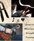 Adjustable Grip Strength Trainer For Hand Rehab And Fitness Built Tough All Steel Hand Grip Exerciser With 5 To 150 Lb Resistance Portable And Durable Made In USA next to images of piano and guitar playing, highlighting its use for musicians' strength training.