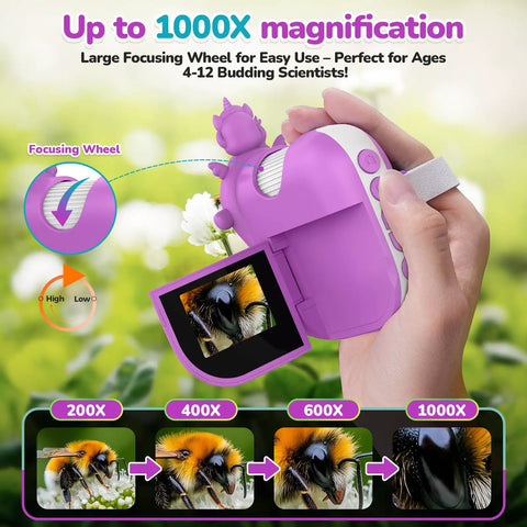 Kid Friendly Digital Microscope Handheld Miniscope With 4K 2.0 Inch Screen Rechargeable Portable Magnifier 1000x Zoom STEM Learning Toy Gift With Slides Kit For 4 To 12 Year Olds Violet, handheld in use