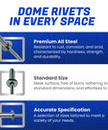 Heavy Duty Dome Head Pop Rivets Three Sixteenths By One And A Quarter Inches Aluminum Body Steel Mandrel Open End Tough As Nails For Six To Twenty Gauge Materials Corrosion Resistant High Shear Strength 50 Piece Pack For Auto Shop And Home Projects with various features highlighted.