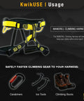 Mandrill Half Body Climbing Harness With Free Tool Lanyard featuring adjustable straps and gear loops with climbing accessories shown.