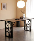 28 Inch Metal Table Legs Set Of 2 Built Tough Heavy Duty Industrial Modern Desk Bases With Laser Engraving Cutout Pattern Rectangular Frame For Stable Dining Table Corrosion Resistant Baked Finish in a room setting with wooden tabletop.