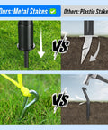 Comparison of metal and plastic stakes for All In One Outdoor Volleyball Net Set For Backyard And Beach Fun, showing durability and stability differences.