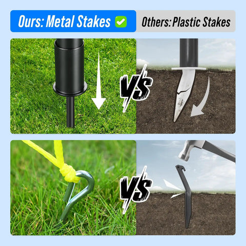 Comparison of metal and plastic stakes for All In One Outdoor Volleyball Net Set For Backyard And Beach Fun, showing durability and stability differences.