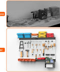 Before and after comparison of Pegboard Wall Organizer System For Garage And Workshop No Brainer 4 Ft Kit with tools and accessories.
