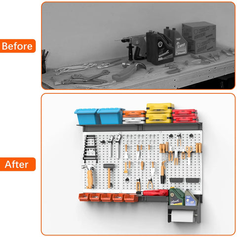 Before and after comparison of Pegboard Wall Organizer System For Garage And Workshop No Brainer 4 Ft Kit with tools and accessories.