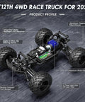 1:12 Scale RC Monster Truck 4WD Off Road Beast chassis with 4WD assembly, showcasing tires and suspension components.