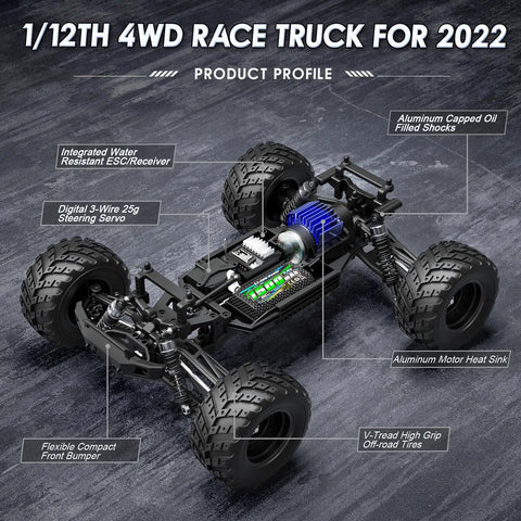 1:12 Scale RC Monster Truck 4WD Off Road Beast chassis with 4WD assembly, showcasing tires and suspension components.