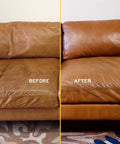 Hardcore Leather Care Kit With Nontoxic Conditioner And Gentle Cleaner For Deep Rejuvenation And Long Lasting Protection On Furniture Auto Seats And More, before and after comparison of a restored leather couch.