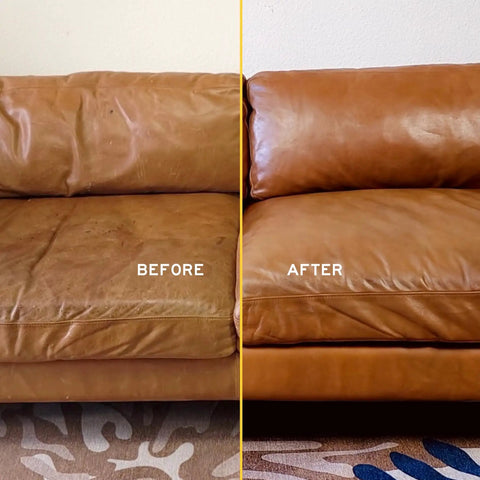 Hardcore Leather Care Kit With Nontoxic Conditioner And Gentle Cleaner For Deep Rejuvenation And Long Lasting Protection On Furniture Auto Seats And More, before and after comparison of a restored leather couch.