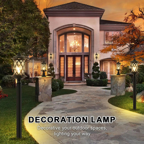 Old School Exterior Lamp Post Light With Water Glass Lampshade illuminating a garden path at dusk