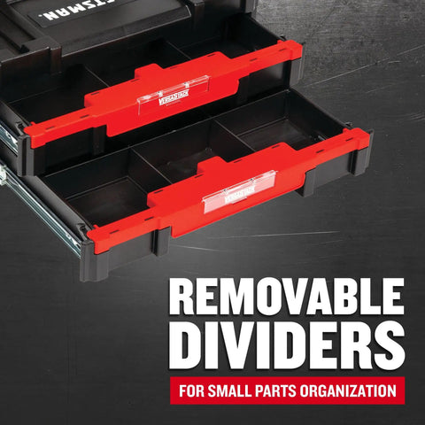 Heavy Duty Plastic Tool Box With Drawers And Stackable Organizer System showing removable dividers for small parts organization