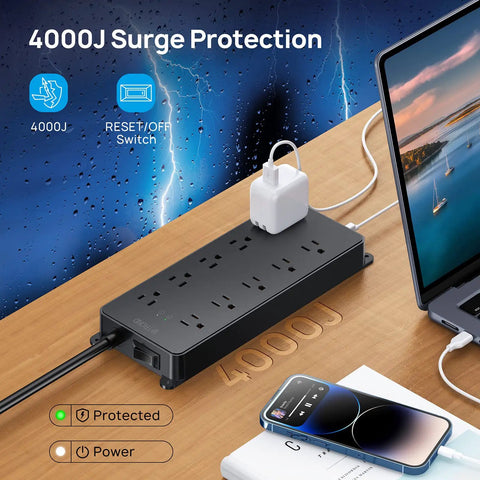 Power Strip Surge Protector With 10 Widely Spaced Outlets 2 USB C Ports And 2 USB A Ports 1875W 4000J Surge Protection shown on desk