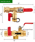 3/4 inch EFIELD IPS tankless water heater service valve kit with pressure relief valve, brass body, red handles.