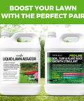 Liquid Lawn Aerator Concentrate For Lawns And Gardens Loosens Clay And Compacted Soil To Boost Water And Nutrient Absorption Promotes Stronger Roots For Healthier Turf 32 Oz Made In USA bottle front view next to growth stimulant