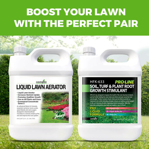 Liquid Lawn Aerator Concentrate For Lawns And Gardens Loosens Clay And Compacted Soil To Boost Water And Nutrient Absorption Promotes Stronger Roots For Healthier Turf 32 Oz Made In USA bottle front view next to growth stimulant