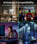 Collage showing Cat6 CCA Ethernet Cable 100 Feet Blue For Home Office Network, gaming, streaming, and server rooms.