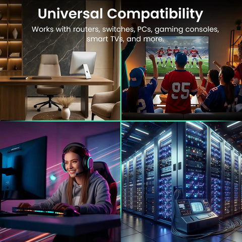 Collage showing Cat6 CCA Ethernet Cable 100 Feet Blue For Home Office Network, gaming, streaming, and server rooms.