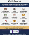 Image showing types of files recoverable with One Click Data Recovery Stick For Windows Lets You Recover Deleted Photos Videos And Files From USB Drives And SD Cards Quickly And Easily With Auto Scan Simple Restore And No Tech Skills Required.