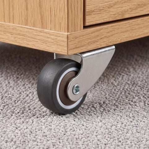 2 Pack Low Profile Anti Sag Caster Wheels Featuring Slick 360 Degree Swivel Action and Hassle Free Door Support Rollers mounted under dresser.